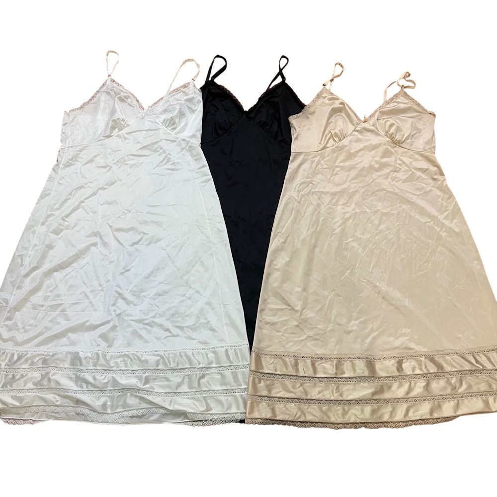 Vintage Sears Full Slip Dress 40 Lot of 3 Beige Ivory Black Lace Trim‎ Lingerie